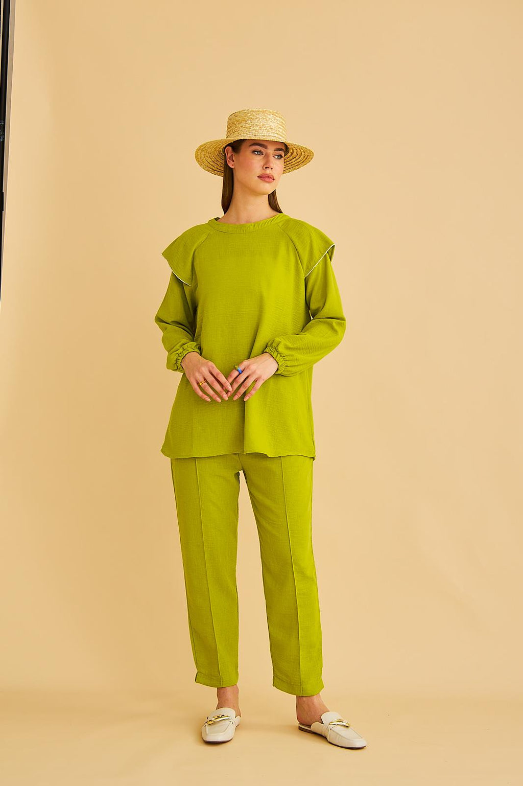 Eles Omuz Taşlı Kolları Büzgülü Keten Olive Tunik Pantolon Takım