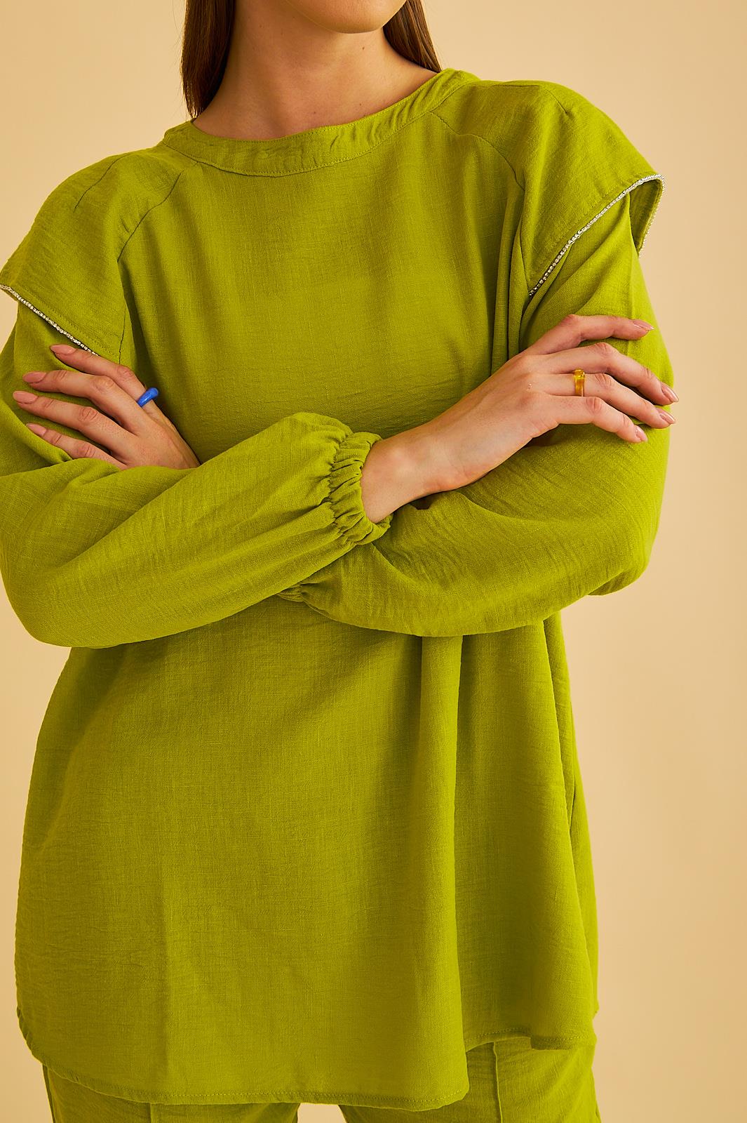 Eles Omuz Taşlı Kolları Büzgülü Keten Olive Tunik Pantolon Takım