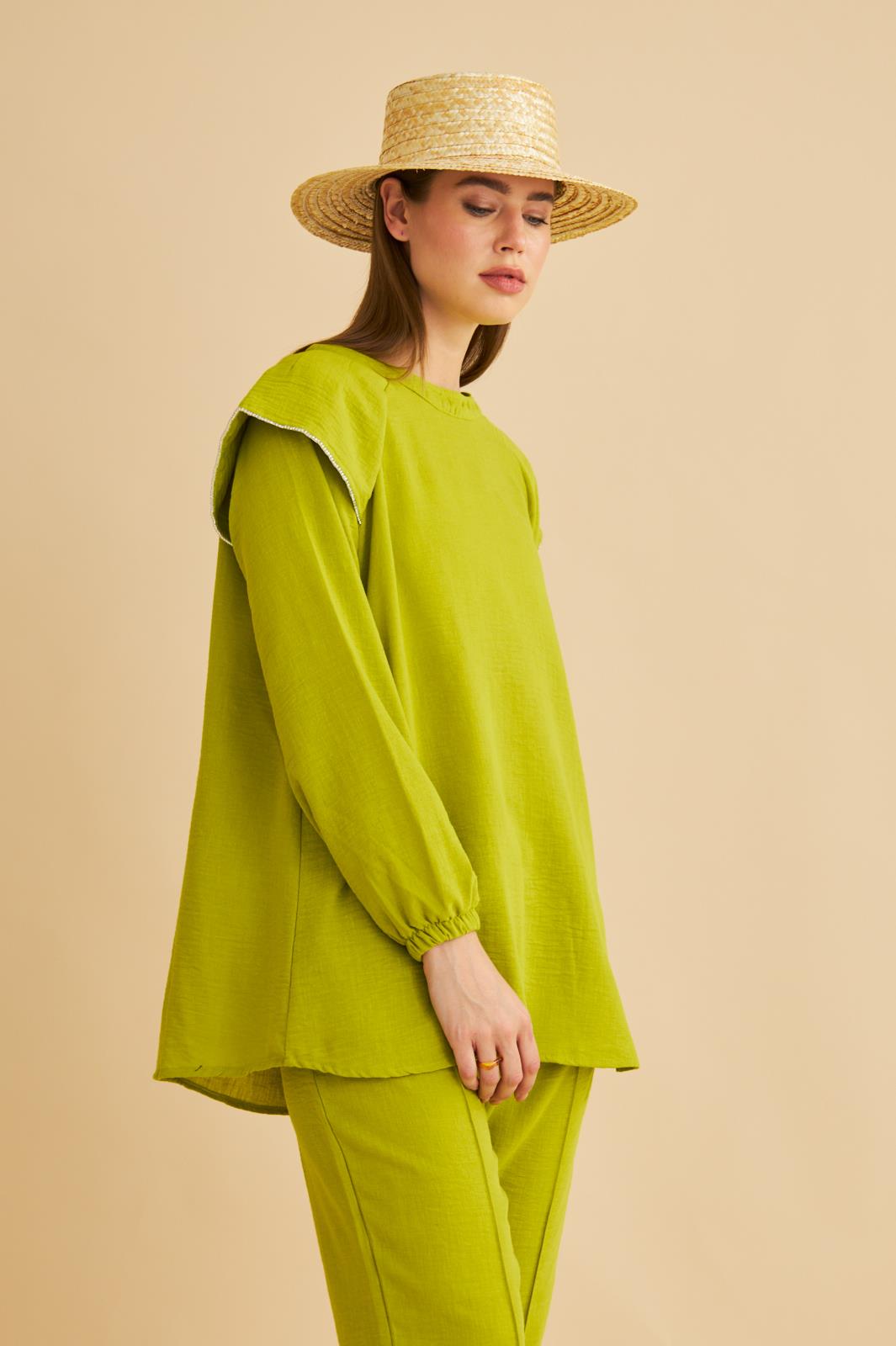 Eles Omuz Taşlı Kolları Büzgülü Keten Olive Tunik Pantolon Takım