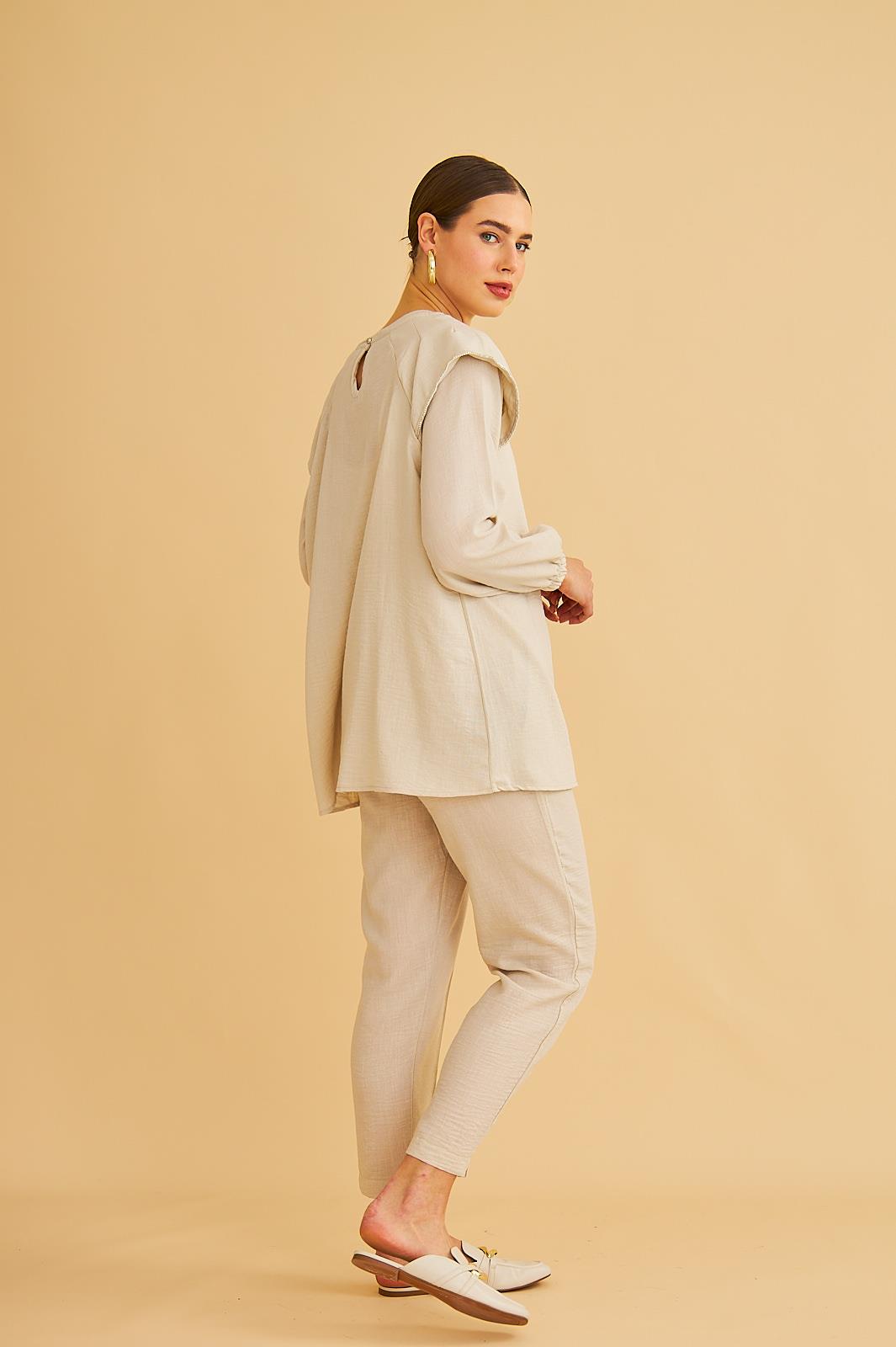 Eles Omuz Taşlı Kolları Büzgülü Keten Taş Tunik Pantolon Takım