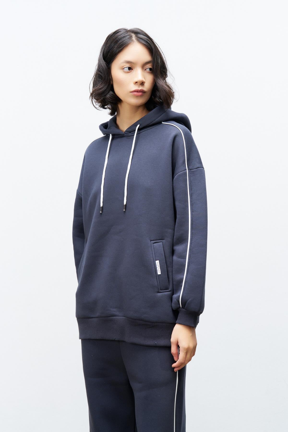 Füme İçi Polarlı Leopar Desenli Süs Etiket Detaylı Kapüşonlu Şardonlu Alt Üst  Kışlık Takım