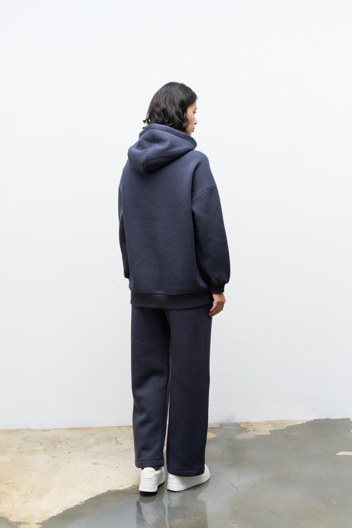 Füme İçi Polarlı Leopar Desenli Süs Etiket Detaylı Kapüşonlu Şardonlu Alt Üst  Kışlık Takım