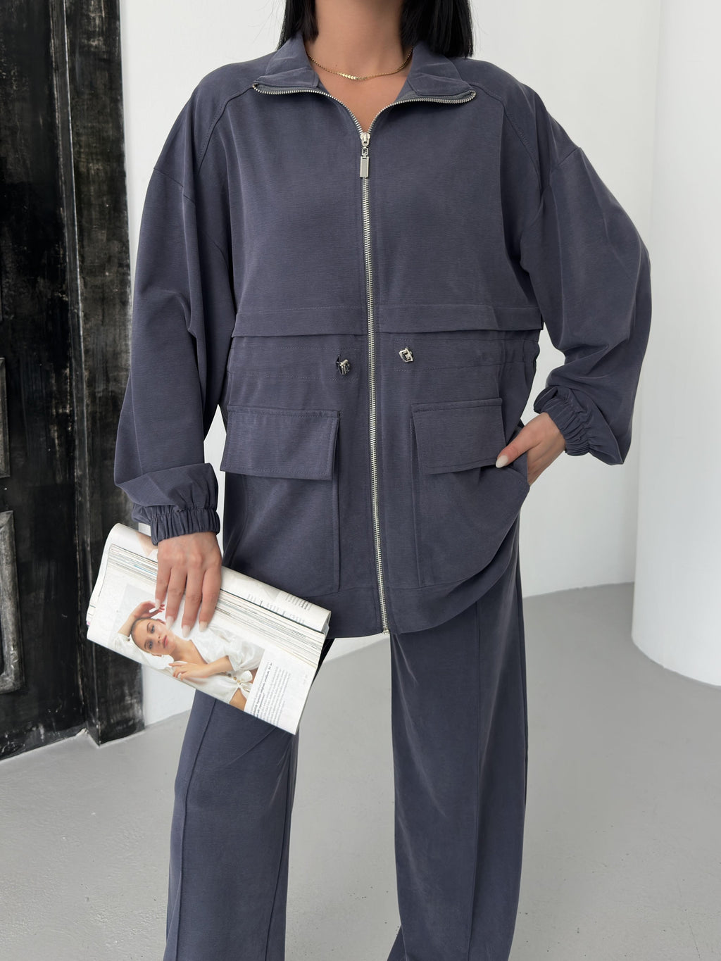 Füme Kadın Bel Lastik Detaylı Cepli Fermuar Kapamalı Oversize Modal Alt Üst Takım