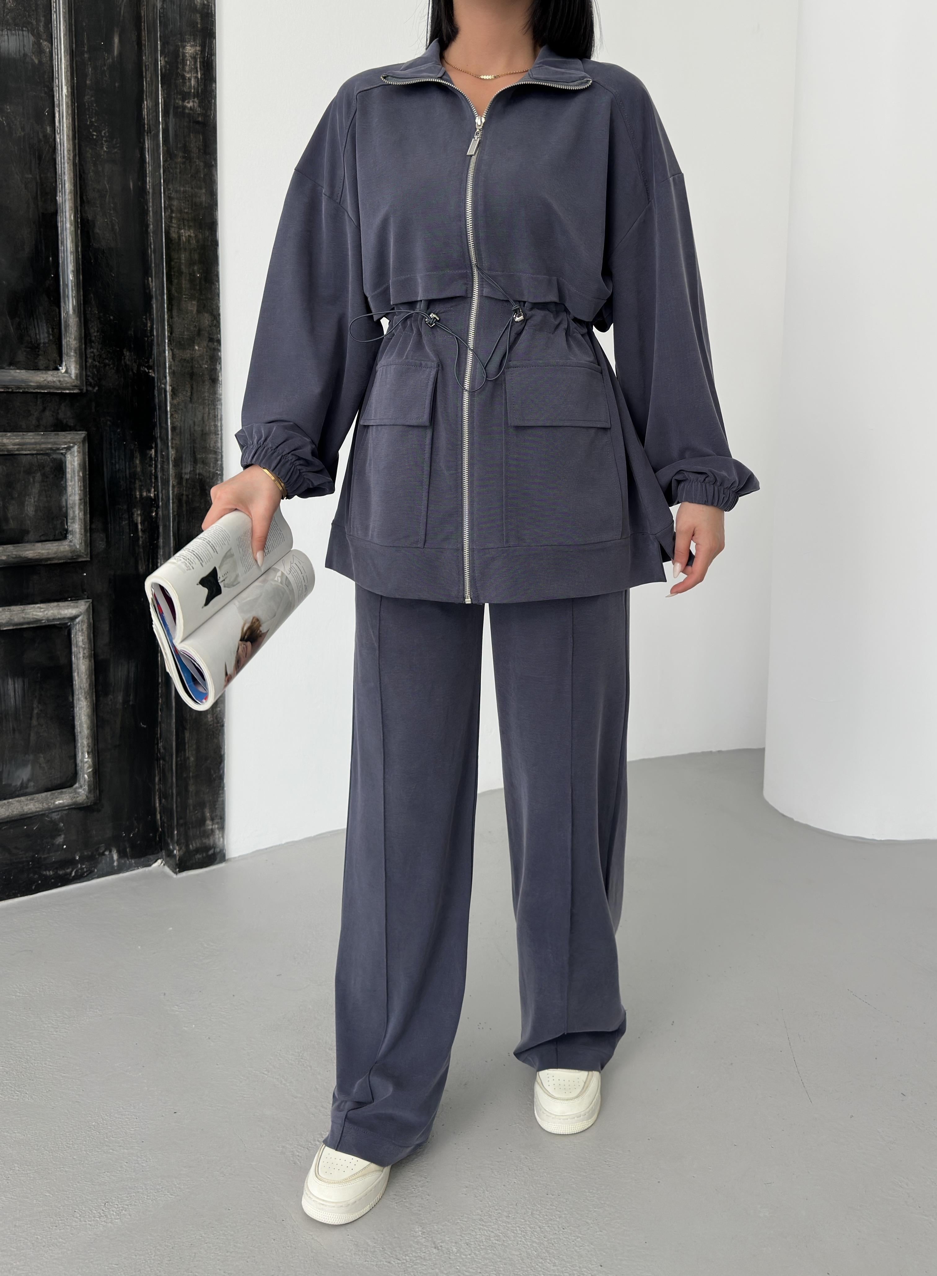 Füme Kadın Bel Lastik Detaylı Cepli Fermuar Kapamalı Oversize Modal Alt Üst Takım