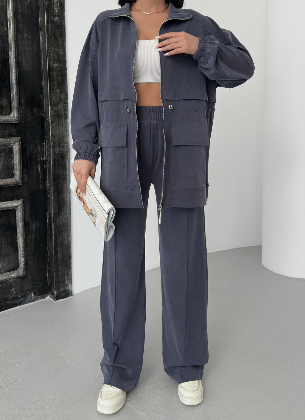 Füme Kadın Bel Lastik Detaylı Cepli Fermuar Kapamalı Oversize Modal Alt Üst Takım