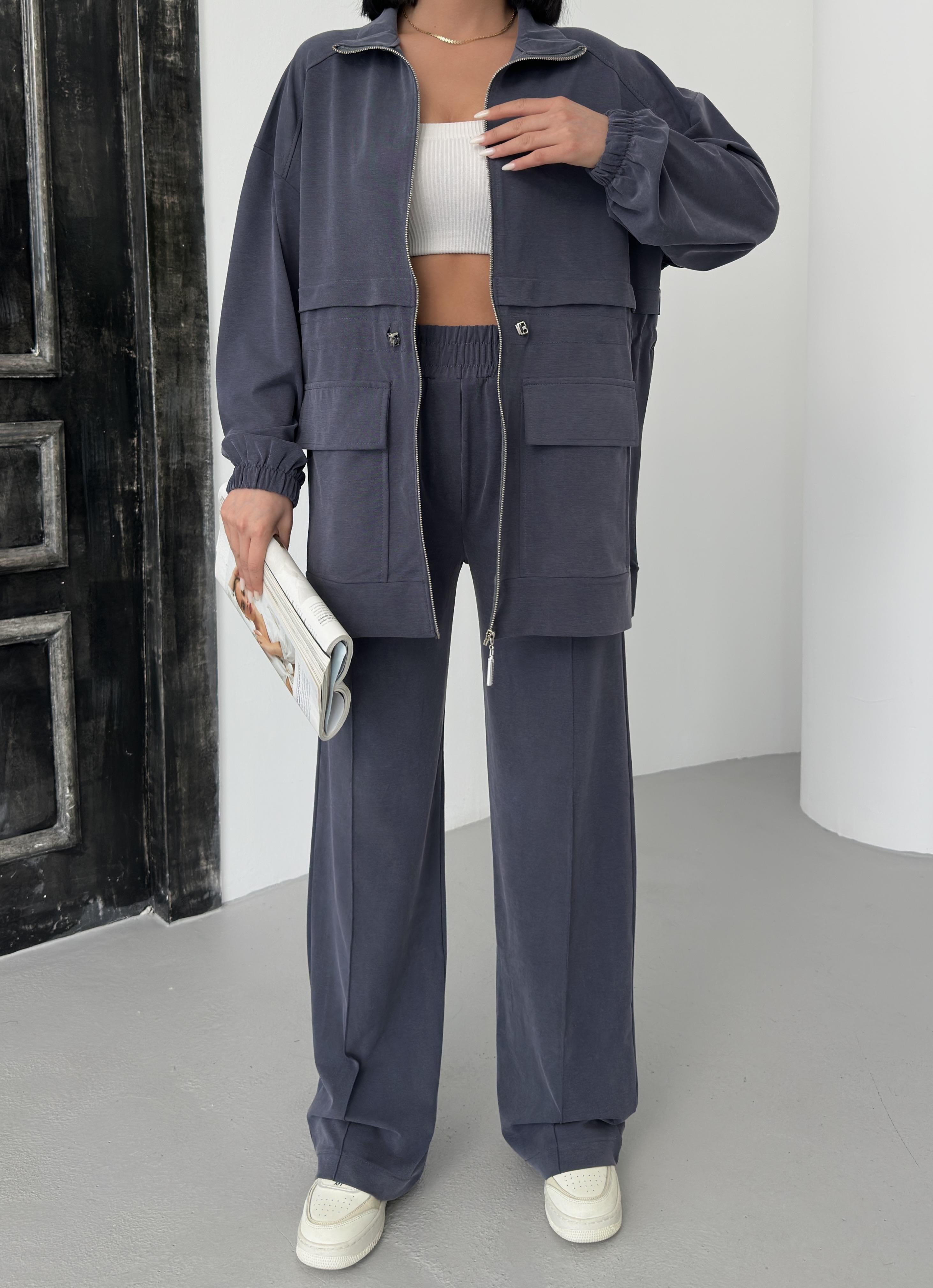 Füme Kadın Bel Lastik Detaylı Cepli Fermuar Kapamalı Oversize Modal Alt Üst Takım