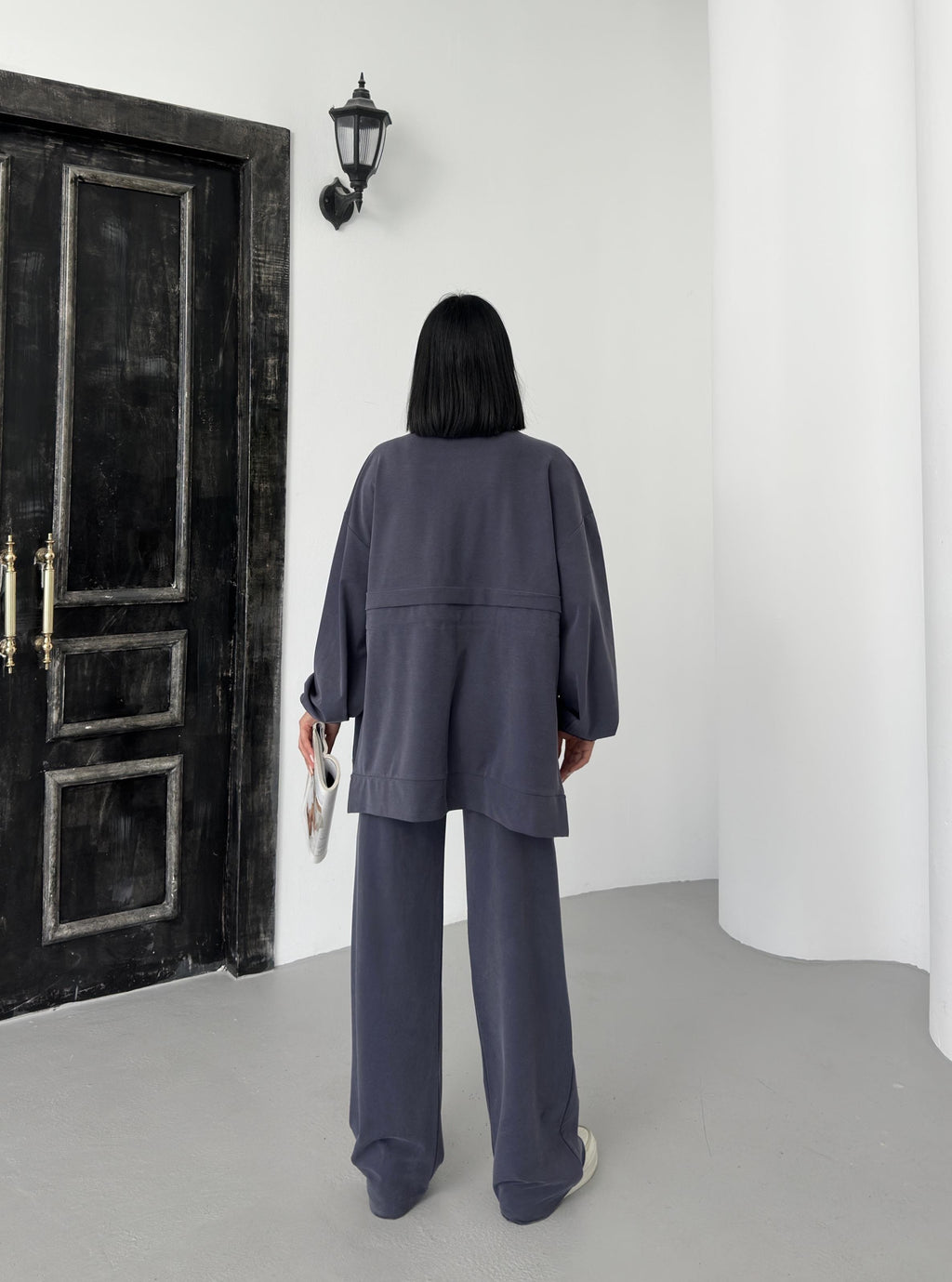 Füme Kadın Bel Lastik Detaylı Cepli Fermuar Kapamalı Oversize Modal Alt Üst Takım