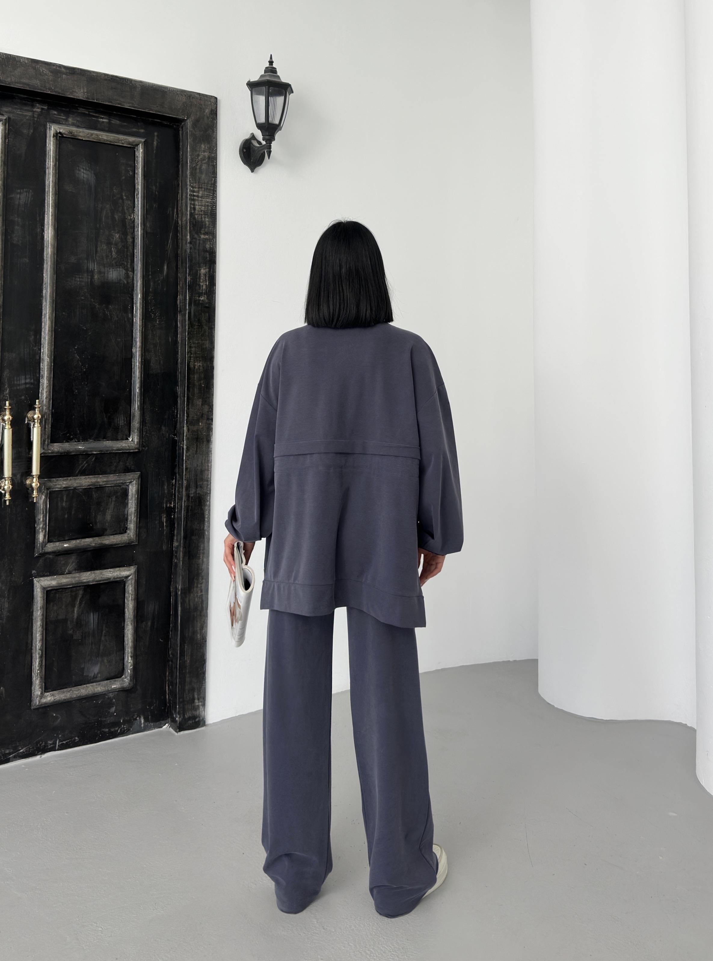 Füme Kadın Bel Lastik Detaylı Cepli Fermuar Kapamalı Oversize Modal Alt Üst Takım