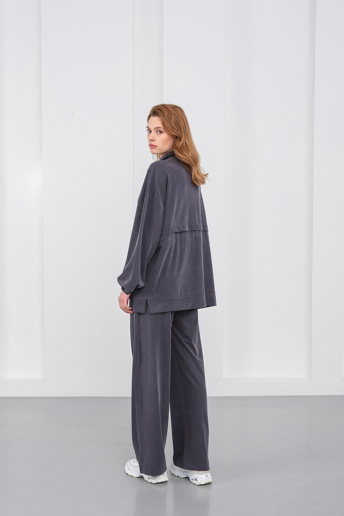 Füme Kadın Bel Lastik Detaylı Cepli Fermuar Kapamalı Oversize Modal Alt Üst Takım