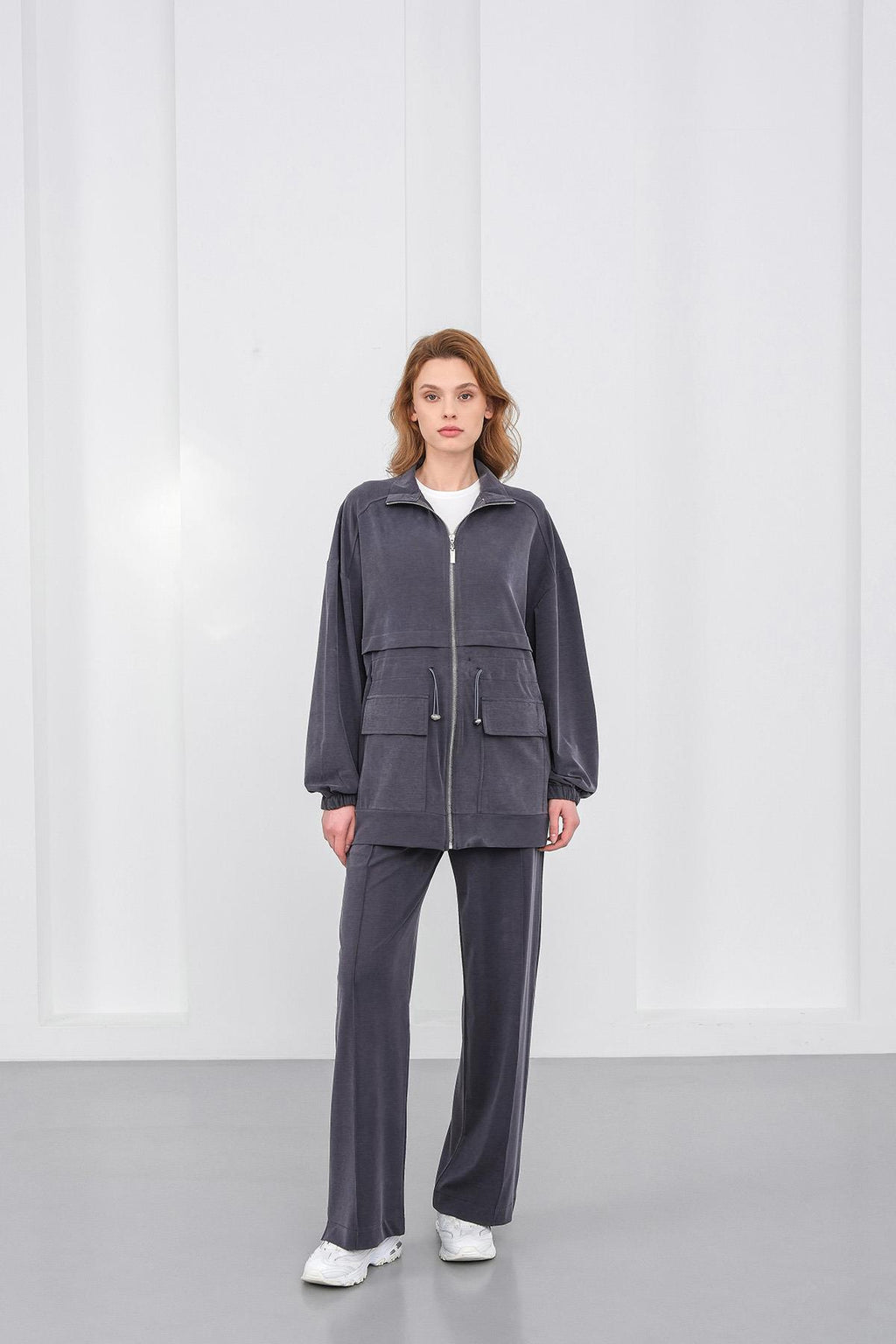 Füme Kadın Bel Lastik Detaylı Cepli Fermuar Kapamalı Oversize Modal Alt Üst Takım