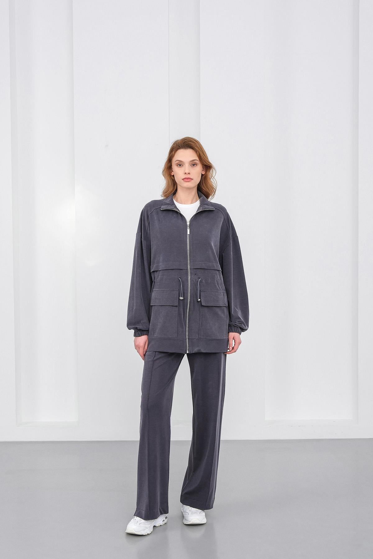 Füme Kadın Bel Lastik Detaylı Cepli Fermuar Kapamalı Oversize Modal Alt Üst Takım