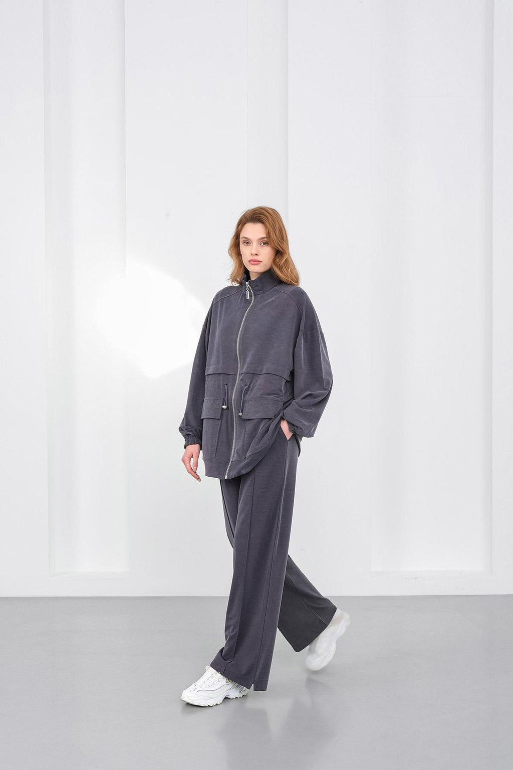 Füme Kadın Bel Lastik Detaylı Cepli Fermuar Kapamalı Oversize Modal Alt Üst Takım