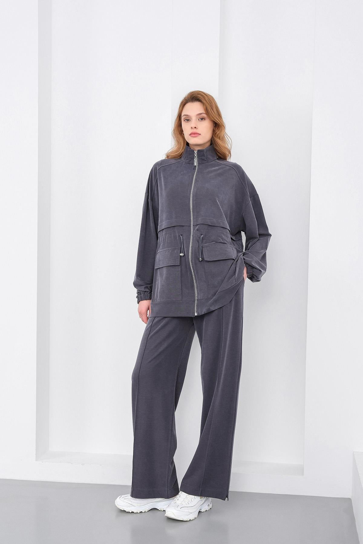 Füme Kadın Bel Lastik Detaylı Cepli Fermuar Kapamalı Oversize Modal Alt Üst Takım