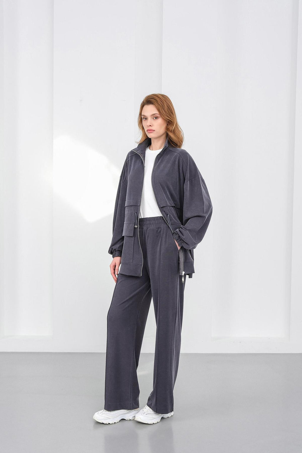 Füme Kadın Bel Lastik Detaylı Cepli Fermuar Kapamalı Oversize Modal Alt Üst Takım