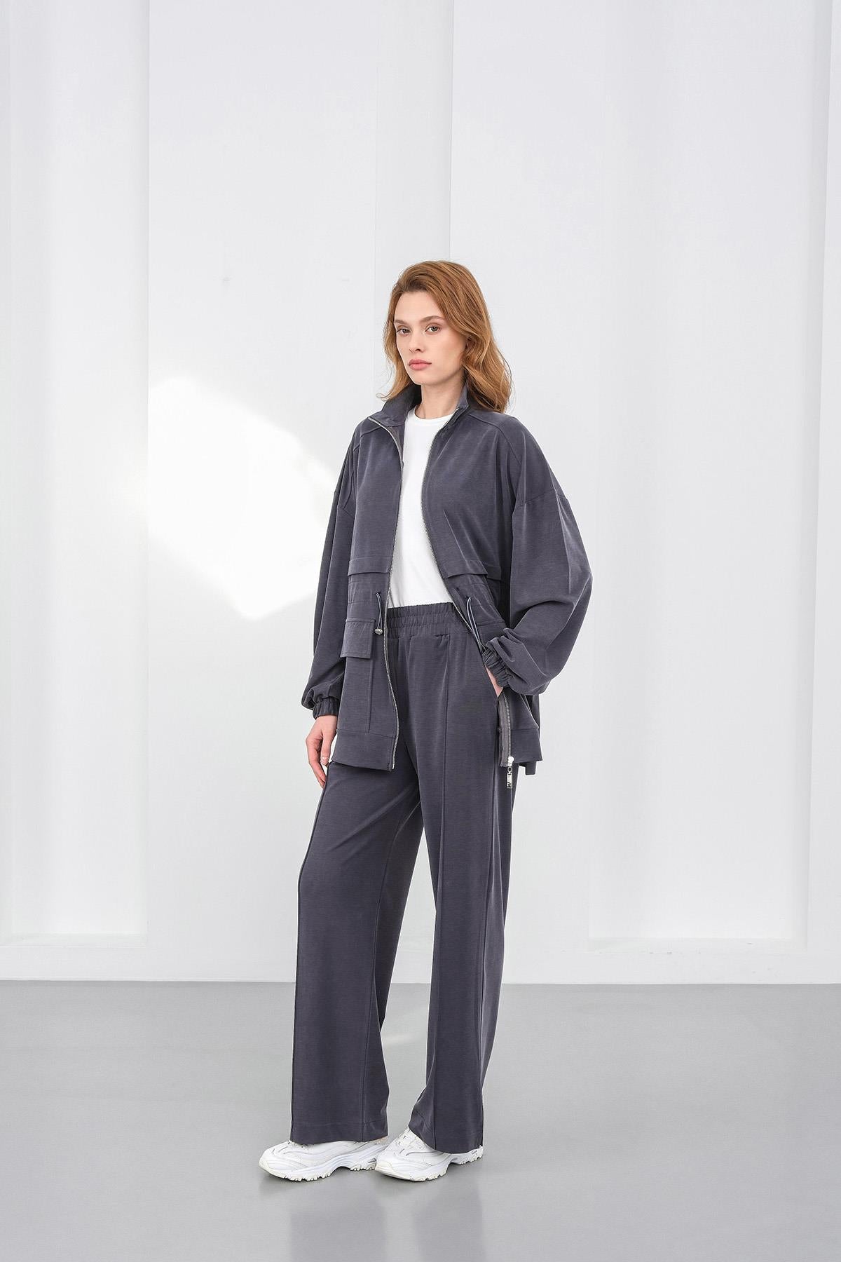 Füme Kadın Bel Lastik Detaylı Cepli Fermuar Kapamalı Oversize Modal Alt Üst Takım