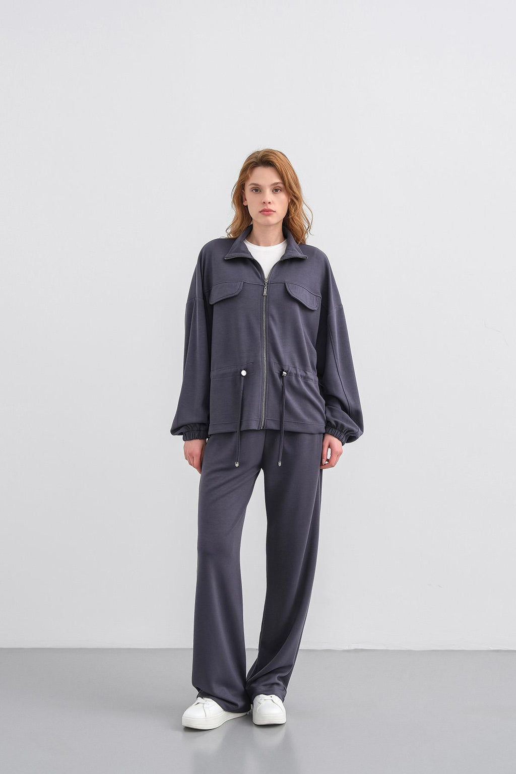 Füme Kadın Boydan Fermuarlı Dik Yakalı Premium Modal Alt-Üst Takım