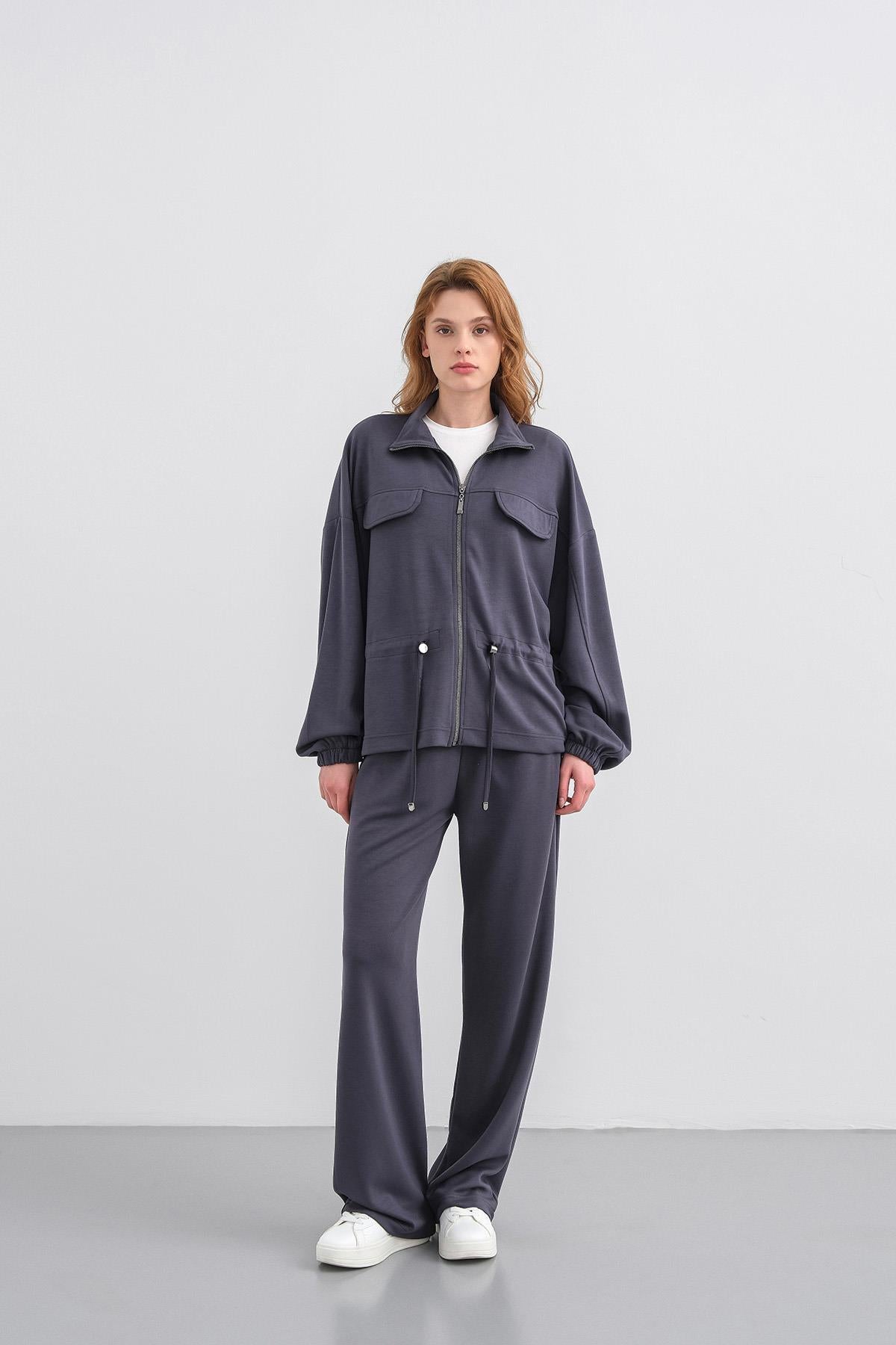 Füme Kadın Boydan Fermuarlı Dik Yakalı Premium Modal Alt-Üst Takım