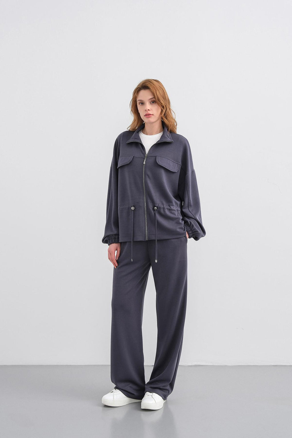 Füme Kadın Boydan Fermuarlı Dik Yakalı Premium Modal Alt-Üst Takım