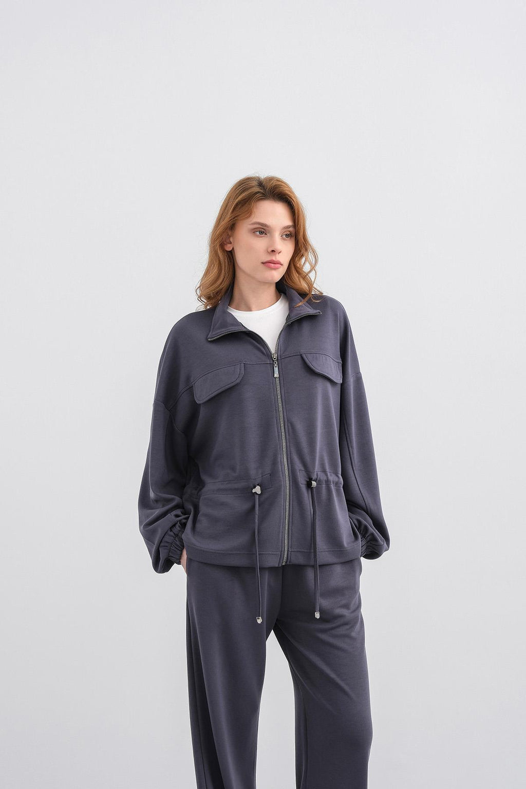 Füme Kadın Boydan Fermuarlı Dik Yakalı Premium Modal Alt-Üst Takım