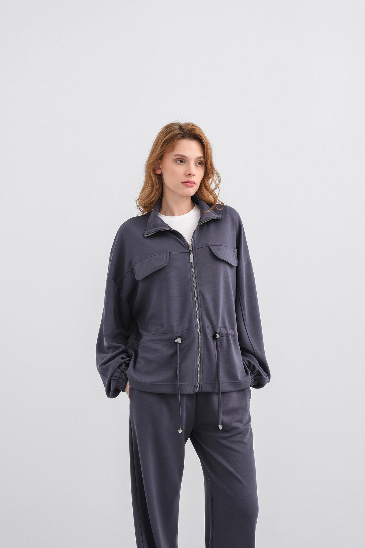 Füme Kadın Boydan Fermuarlı Dik Yakalı Premium Modal Alt-Üst Takım