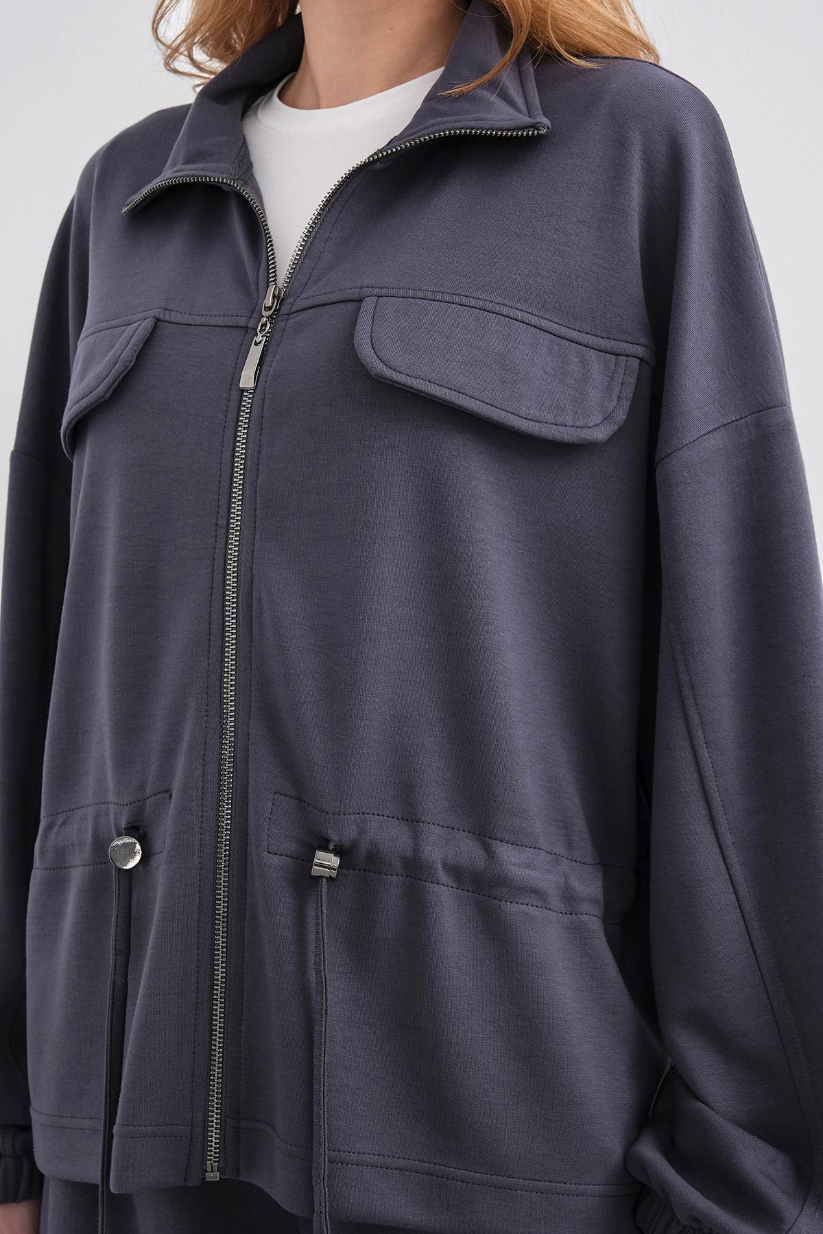 Füme Kadın Boydan Fermuarlı Dik Yakalı Premium Modal Alt-Üst Takım