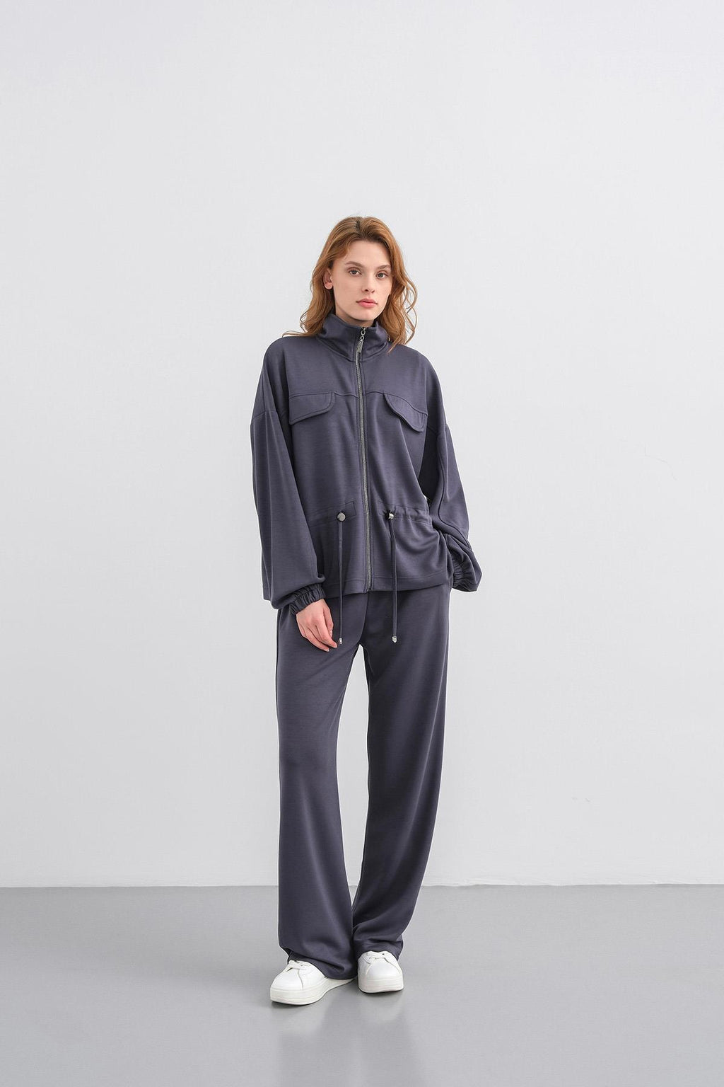 Füme Kadın Boydan Fermuarlı Dik Yakalı Premium Modal Alt-Üst Takım