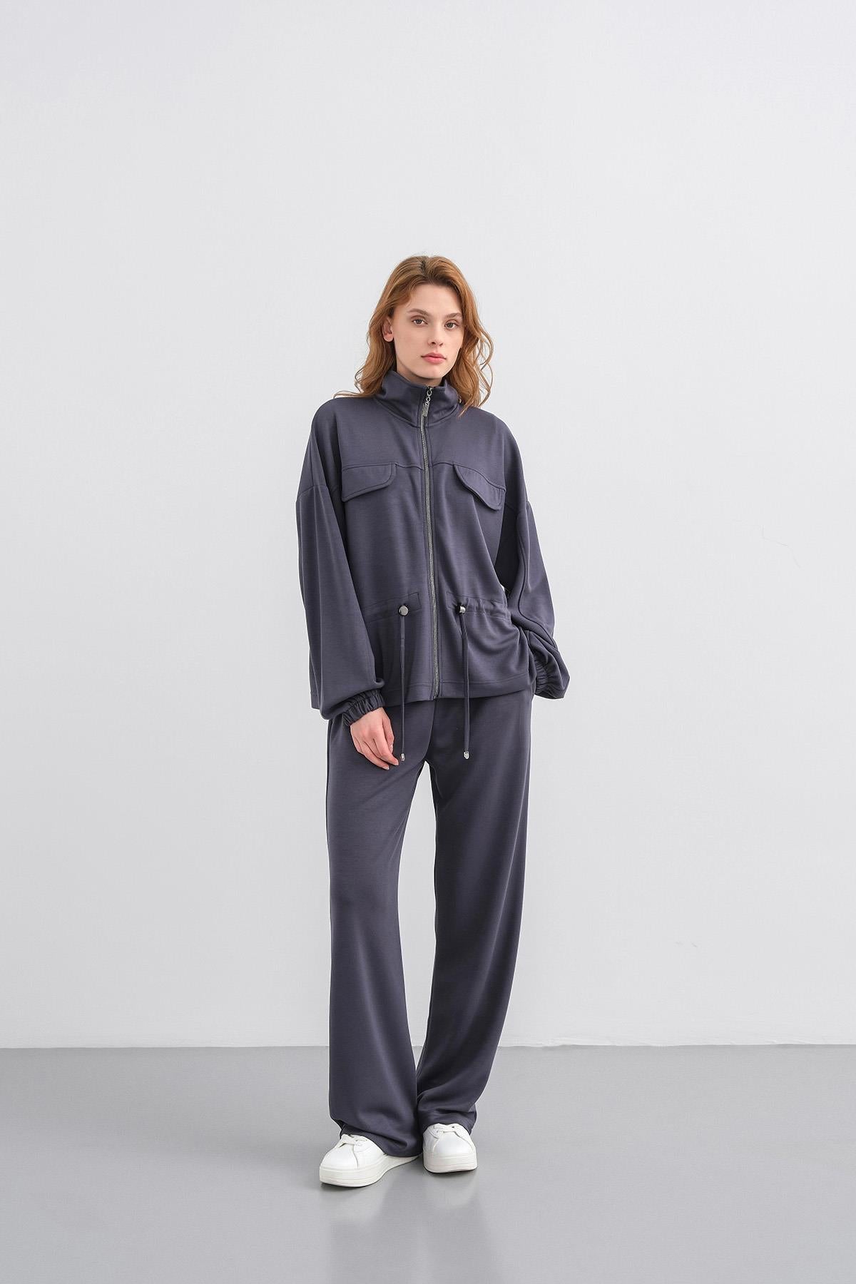 Füme Kadın Boydan Fermuarlı Dik Yakalı Premium Modal Alt-Üst Takım