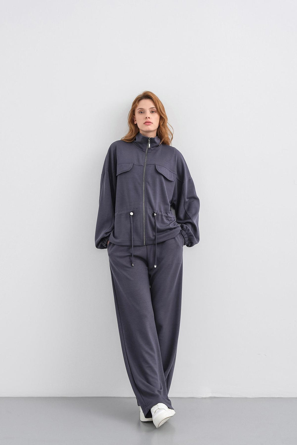 Füme Kadın Boydan Fermuarlı Dik Yakalı Premium Modal Alt-Üst Takım