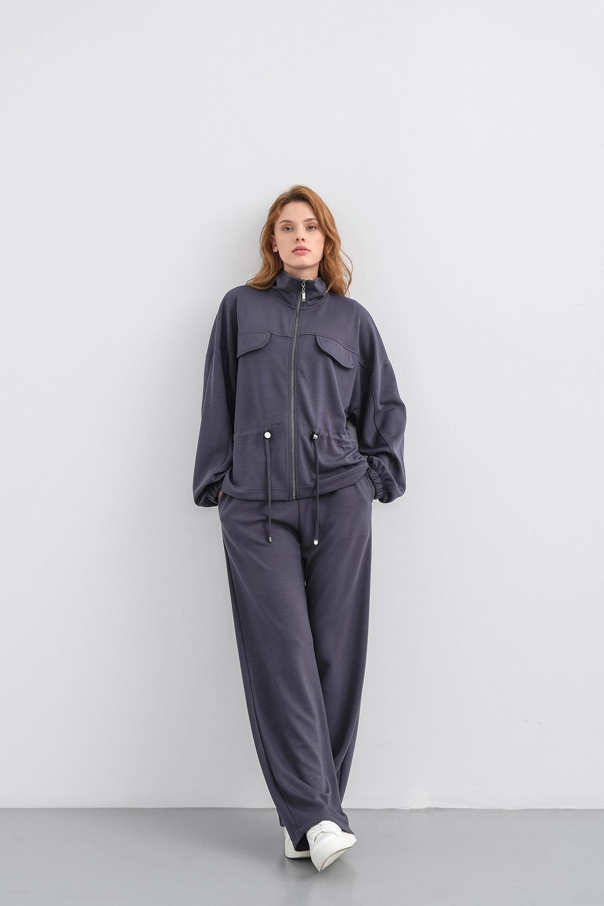 Füme Kadın Boydan Fermuarlı Dik Yakalı Premium Modal Alt-Üst Takım