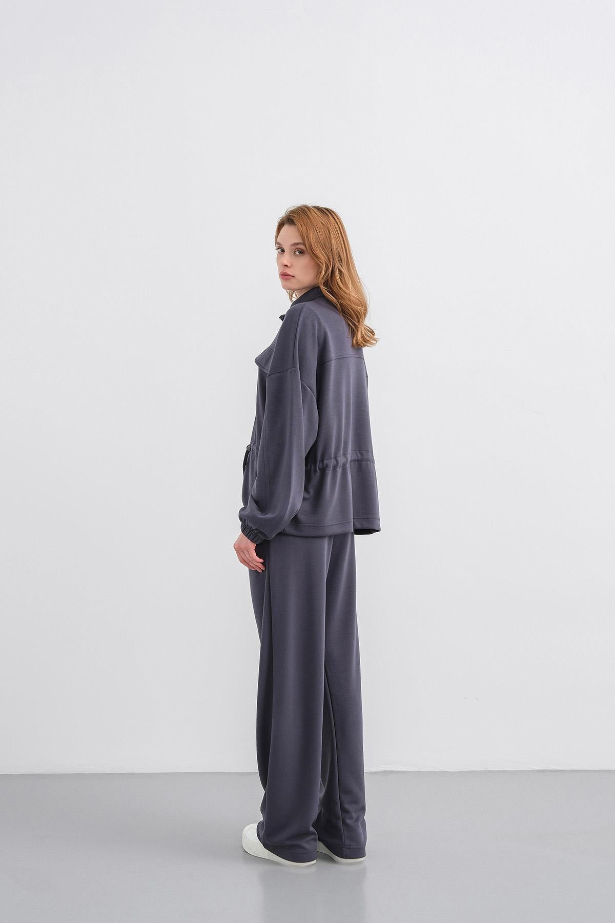 Füme Kadın Boydan Fermuarlı Dik Yakalı Premium Modal Alt-Üst Takım