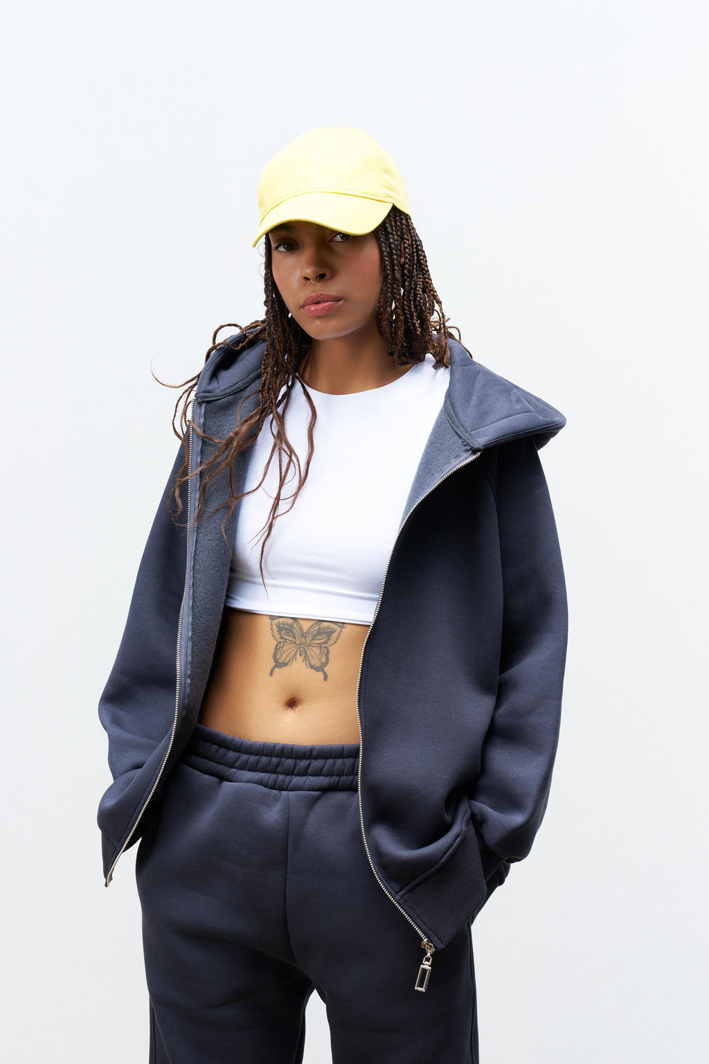 Füme Kadın Cep Etiket Detaylı  Kapüşonlu İçi Polarlı Alt Üst Takım