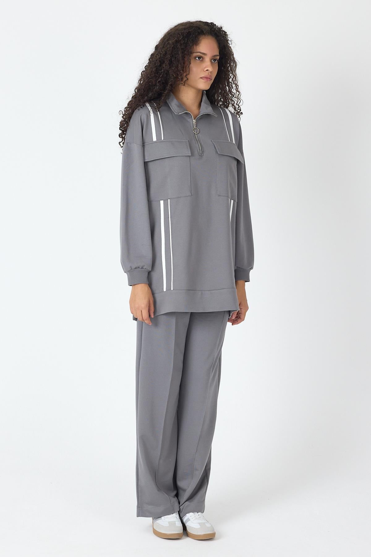 Füme Kadın Etek Yırtmaçlı Fermuar Kapamalı Cep Detaylı Sweatshirt Ve Bol Paça Nervürlü Pantolon Pamuklu Örme Alt Üst Takım