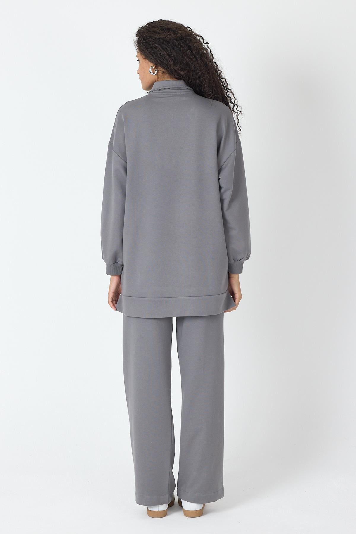 Füme Kadın Etek Yırtmaçlı Fermuar Kapamalı Cep Detaylı Sweatshirt Ve Bol Paça Nervürlü Pantolon Pamuklu Örme Alt Üst Takım