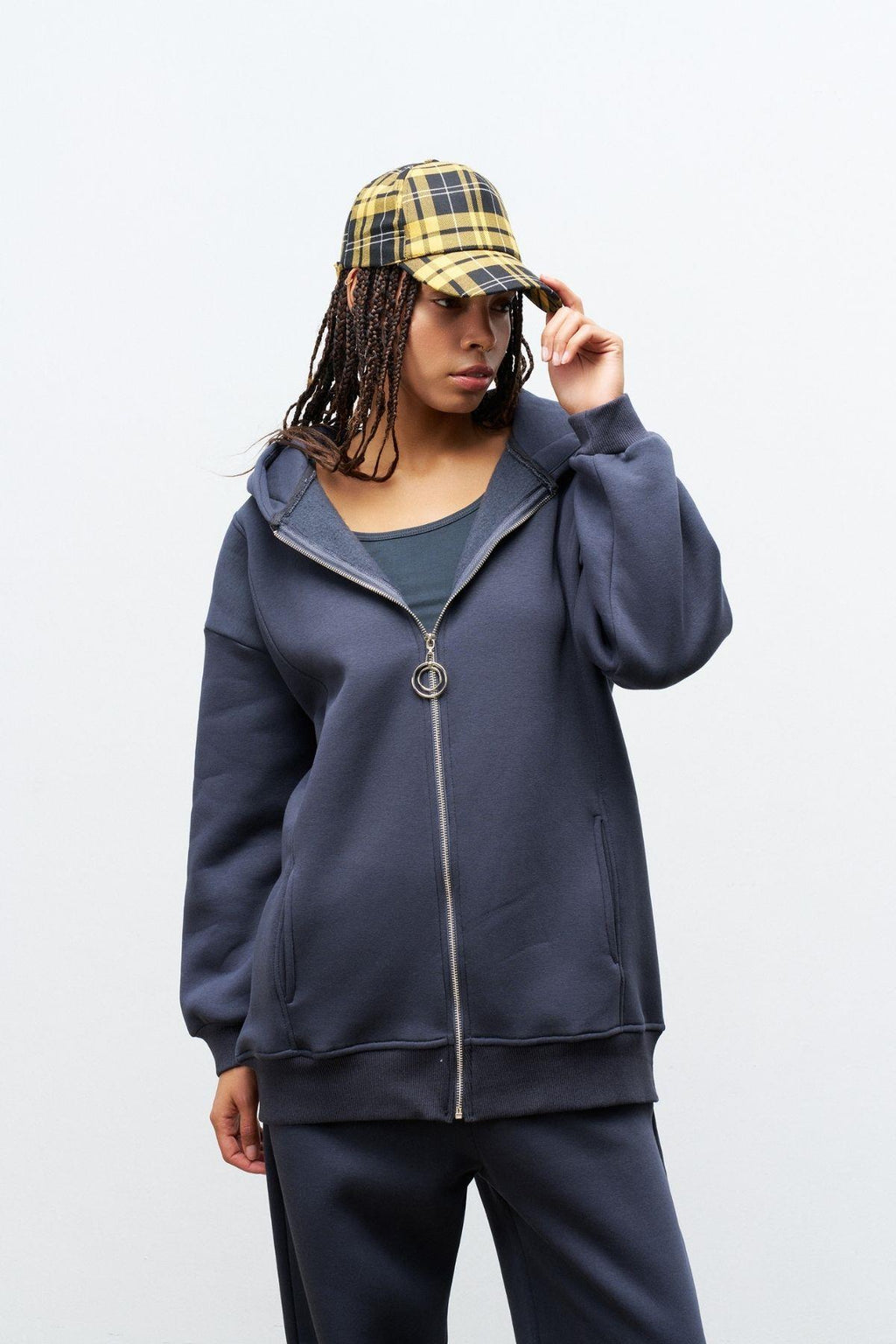 Füme Kadın Fermuar Detaylu Atlet-Alt-Üst 3'lü İçi Polarlı Şardonlu Takım