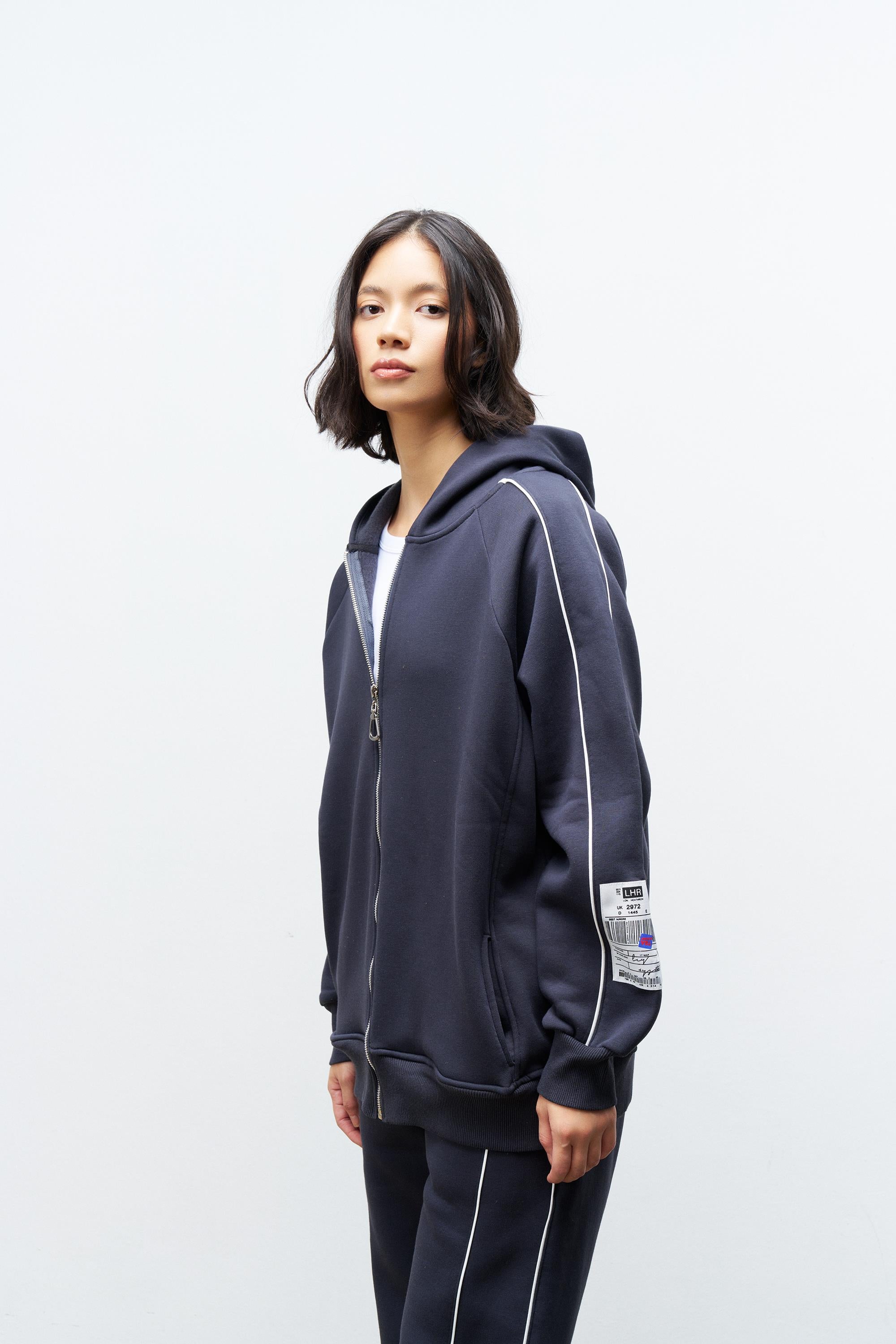 Füme Kadın Kol Etiket Detaylı Fermuar Kapamalı Kapüşonlu İçi Polarlı Alt Üst Takım