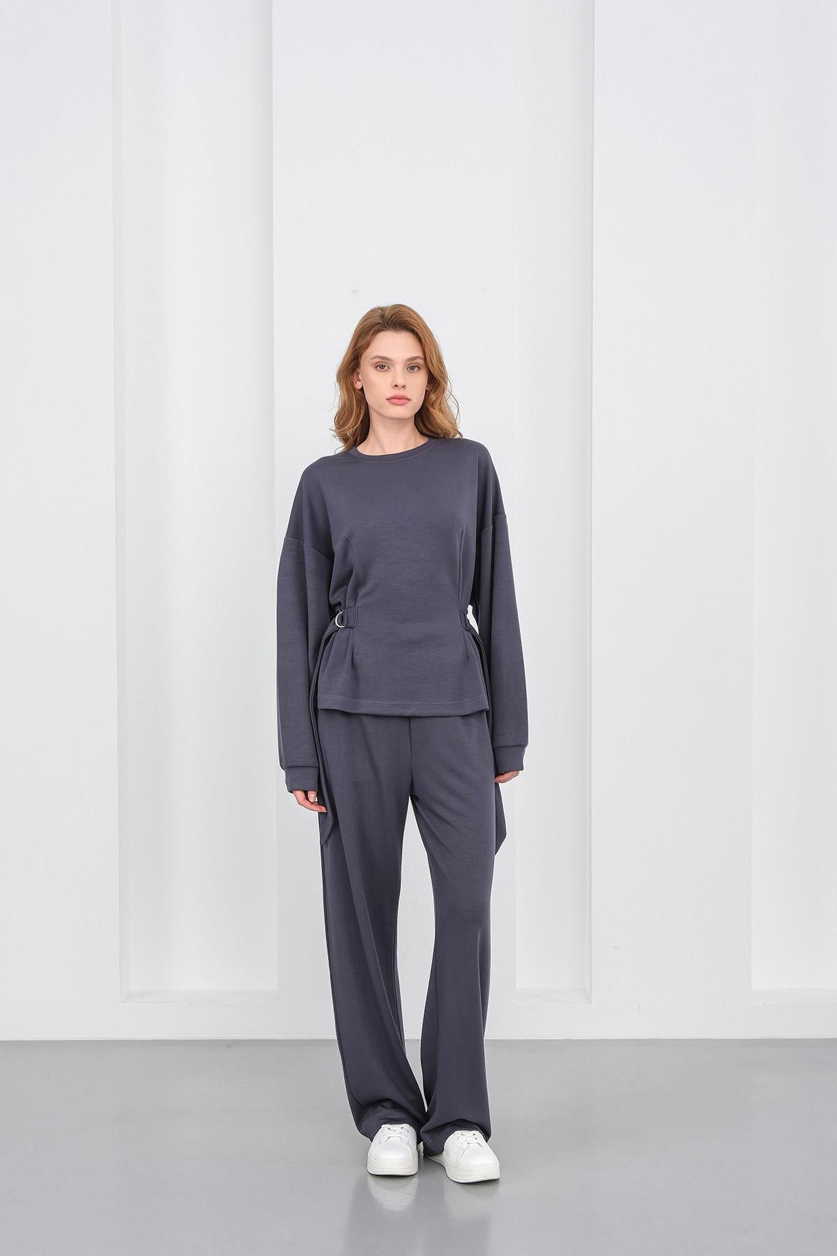 Füme Kadın Premium Modal D Toka Süs Kemerli Alt-Üst Takım