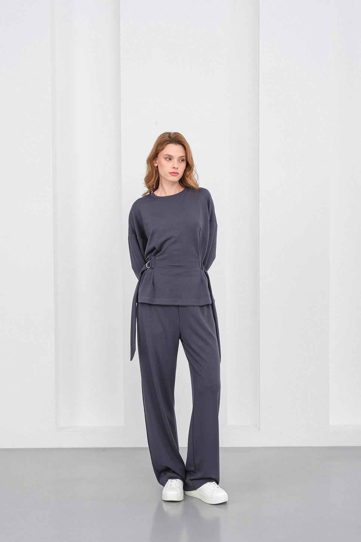 Füme Kadın Premium Modal D Toka Süs Kemerli Alt-Üst Takım