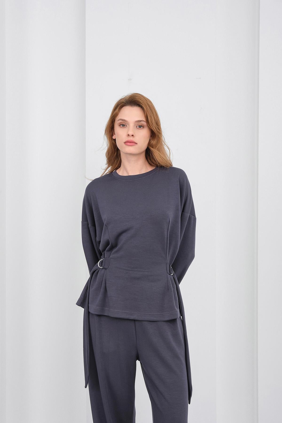 Füme Kadın Premium Modal D Toka Süs Kemerli Alt-Üst Takım