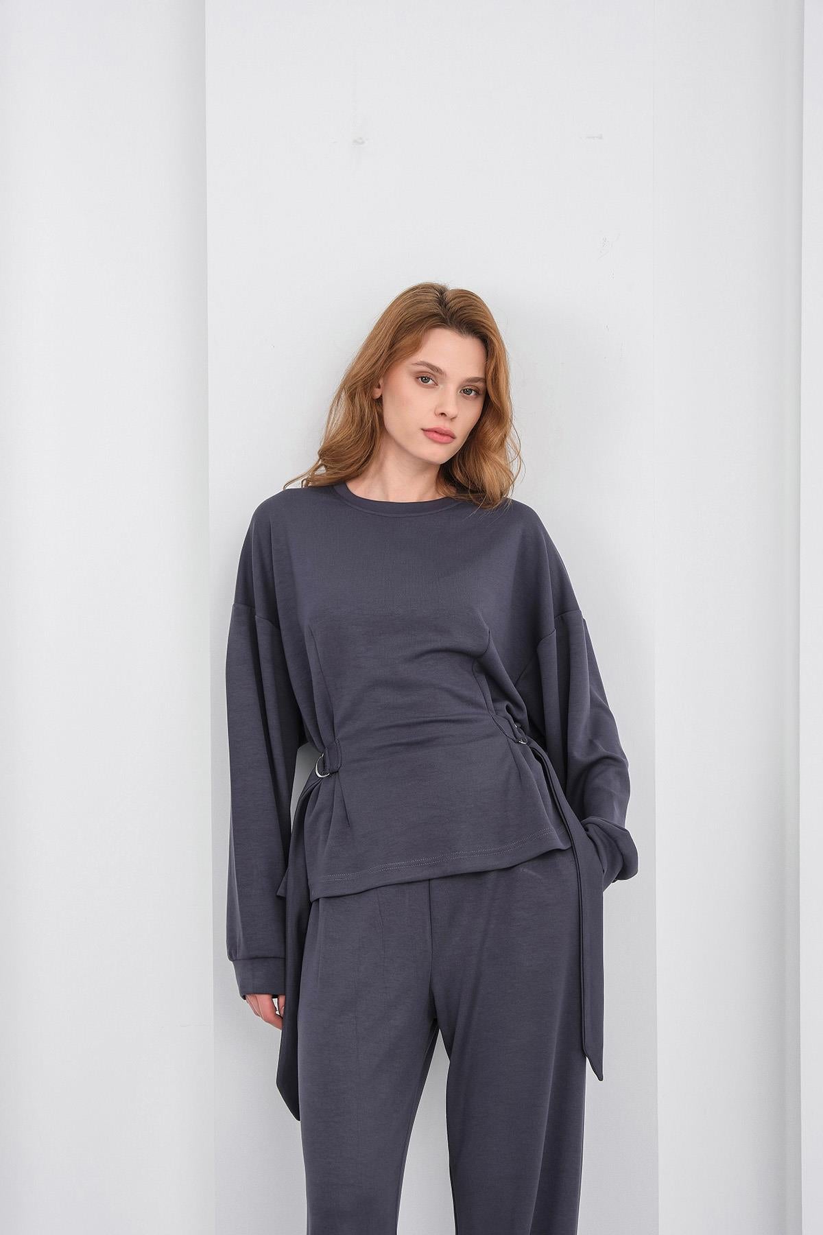 Füme Kadın Premium Modal D Toka Süs Kemerli Alt-Üst Takım