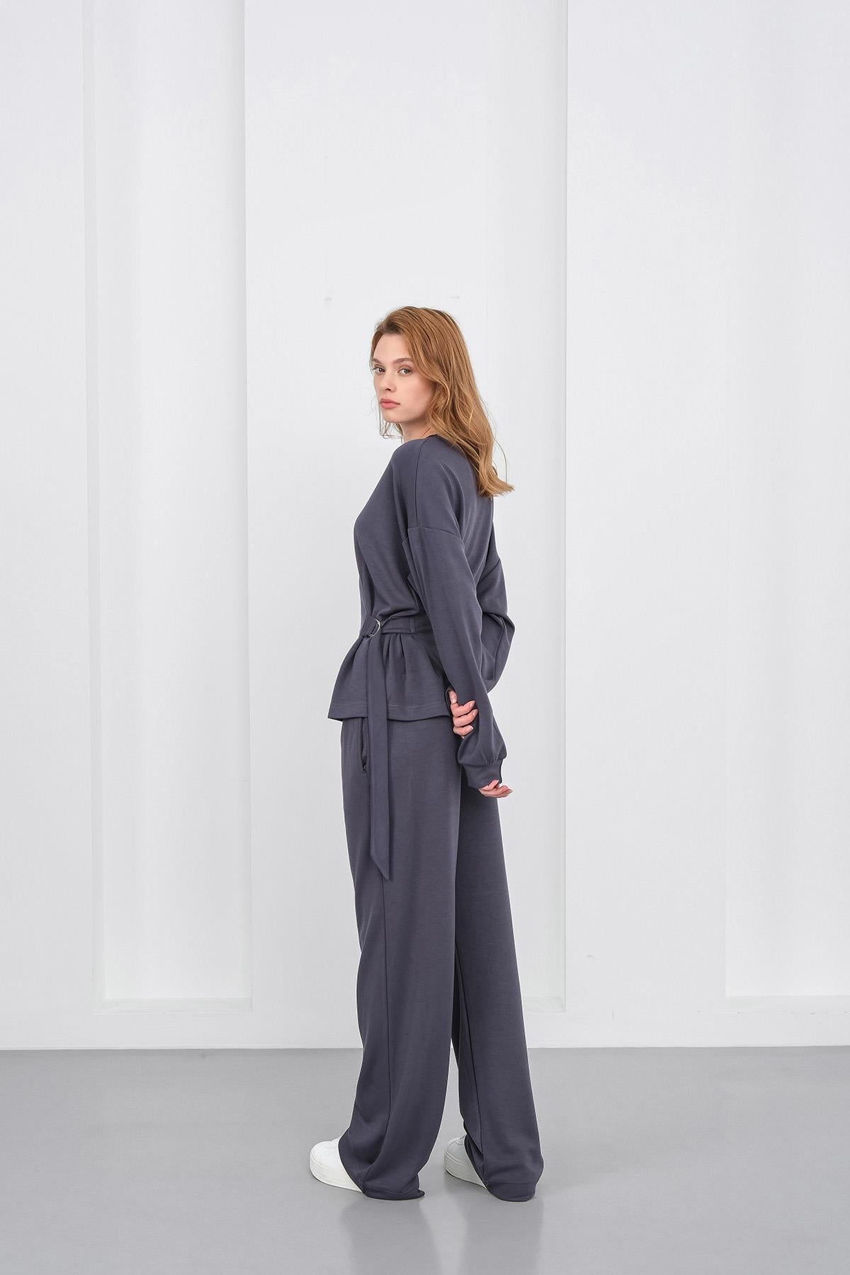 Füme Kadın Premium Modal D Toka Süs Kemerli Alt-Üst Takım