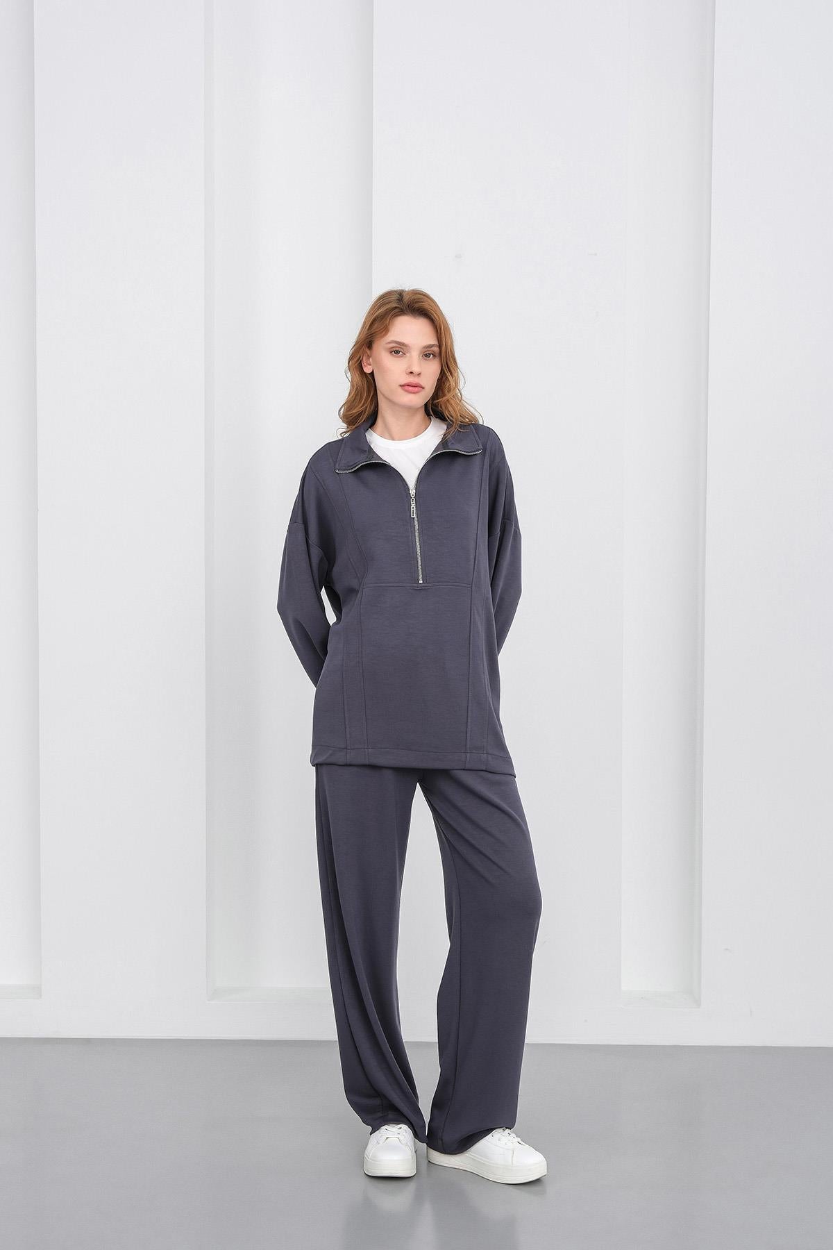Füme Kadın Premium Modal Kumaş Yarım Fermuarlı Oversize Alt-Üst Takım