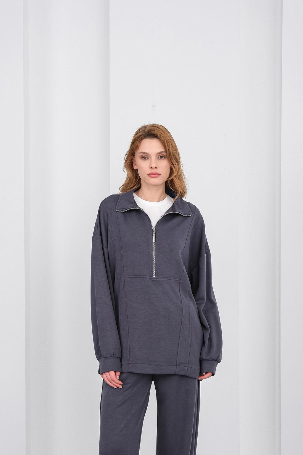 Füme Kadın Premium Modal Kumaş Yarım Fermuarlı Oversize Alt-Üst Takım