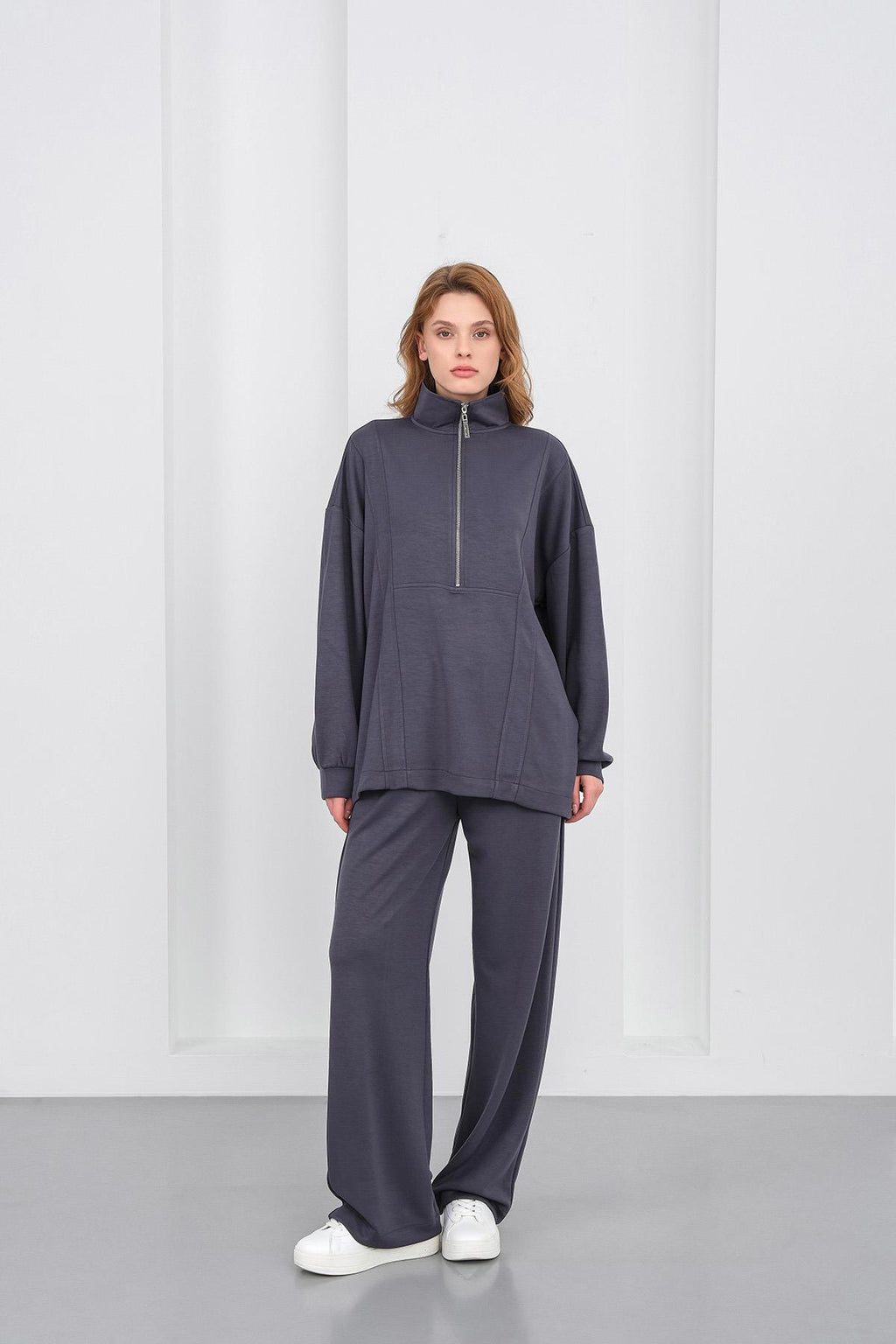 Füme Kadın Premium Modal Kumaş Yarım Fermuarlı Oversize Alt-Üst Takım