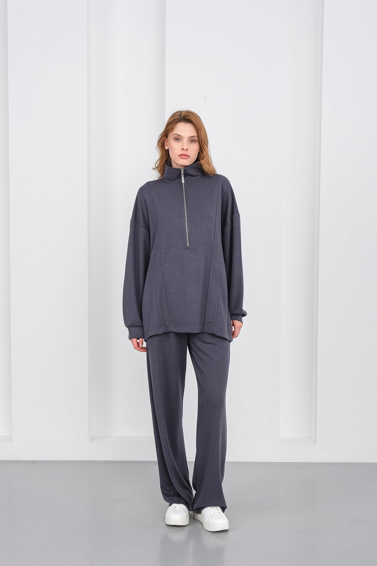 Füme Kadın Premium Modal Kumaş Yarım Fermuarlı Oversize Alt-Üst Takım