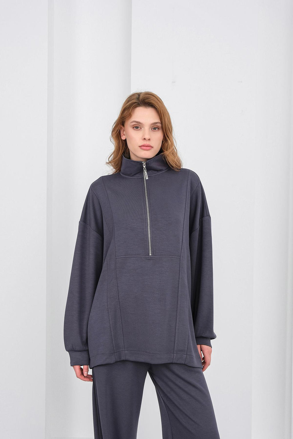 Füme Kadın Premium Modal Kumaş Yarım Fermuarlı Oversize Alt-Üst Takım