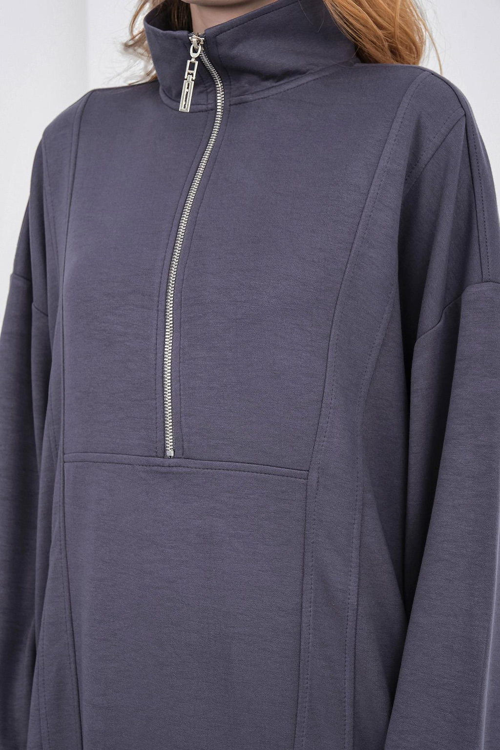 Füme Kadın Premium Modal Kumaş Yarım Fermuarlı Oversize Alt-Üst Takım