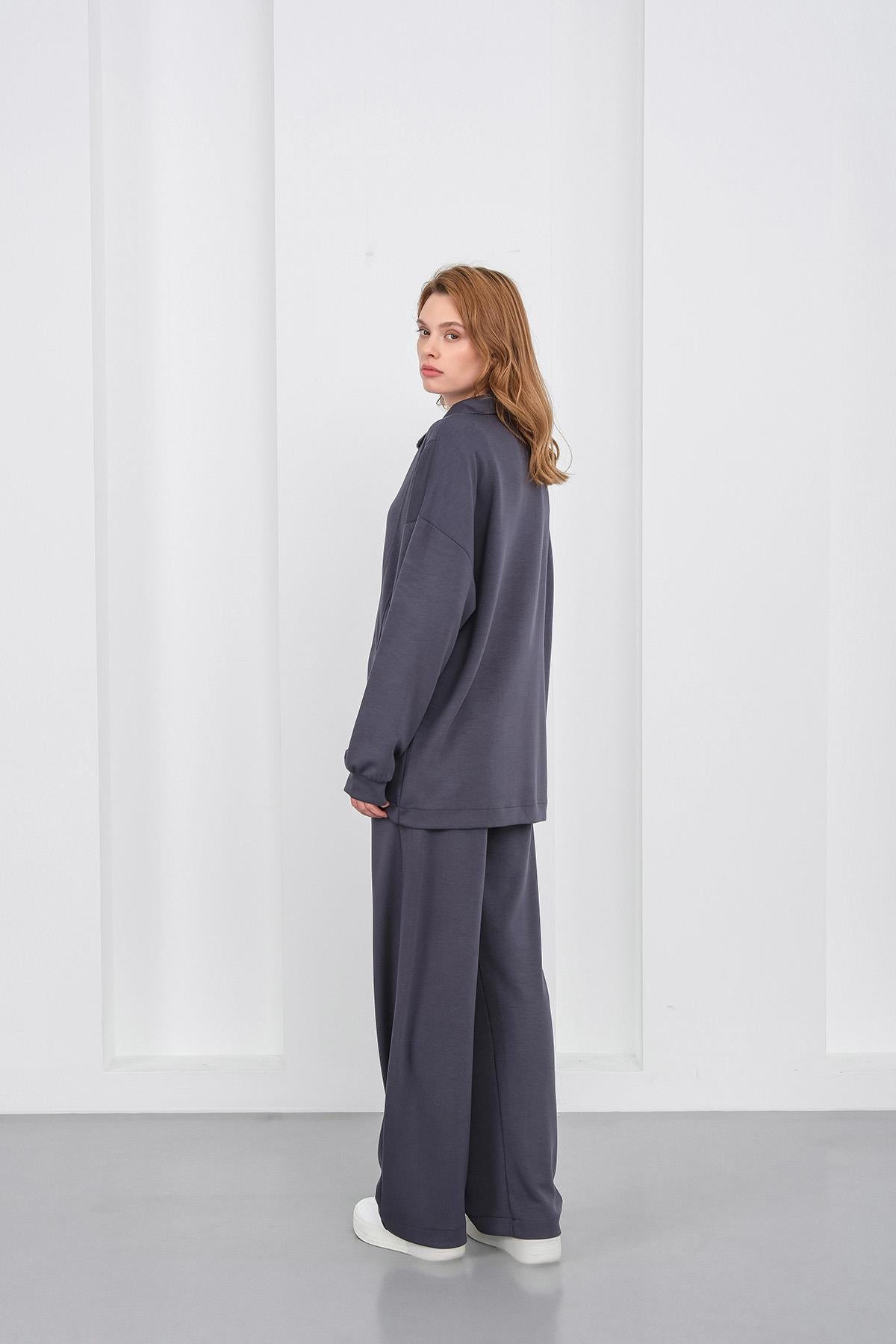 Füme Kadın Premium Modal Kumaş Yarım Fermuarlı Oversize Alt-Üst Takım