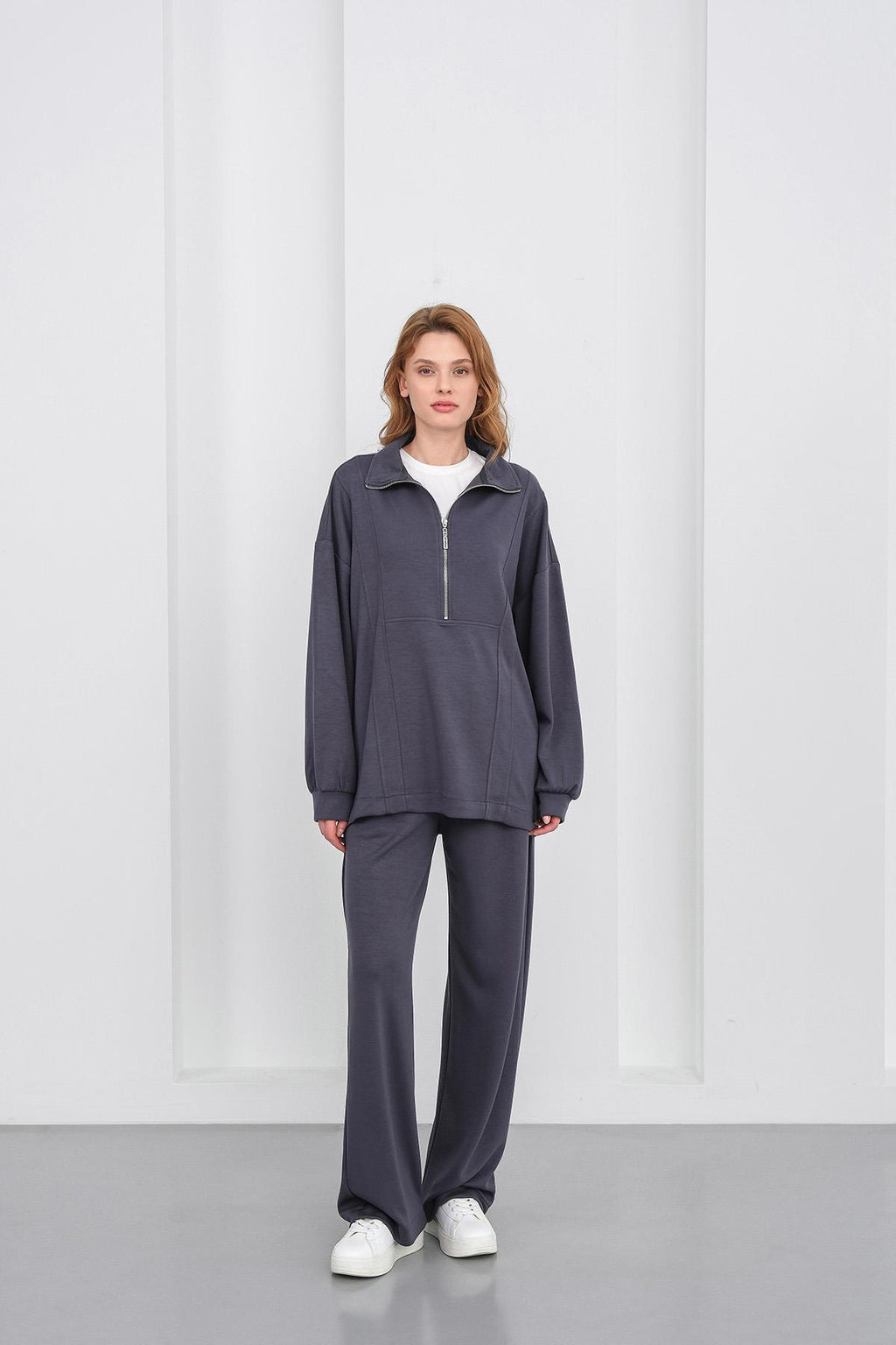 Füme Kadın Premium Modal Kumaş Yarım Fermuarlı Oversize Alt-Üst Takım