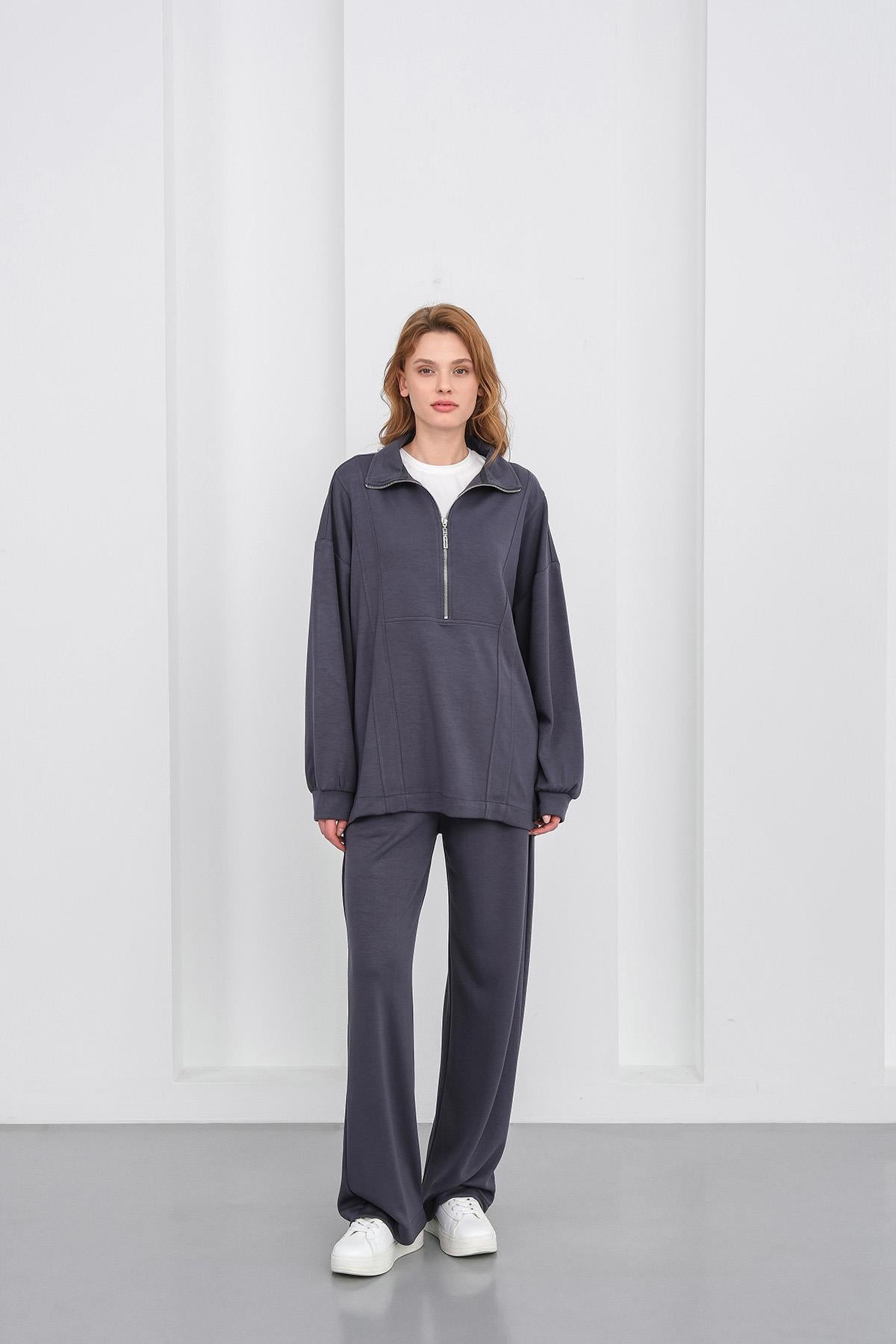Füme Kadın Premium Modal Kumaş Yarım Fermuarlı Oversize Alt-Üst Takım