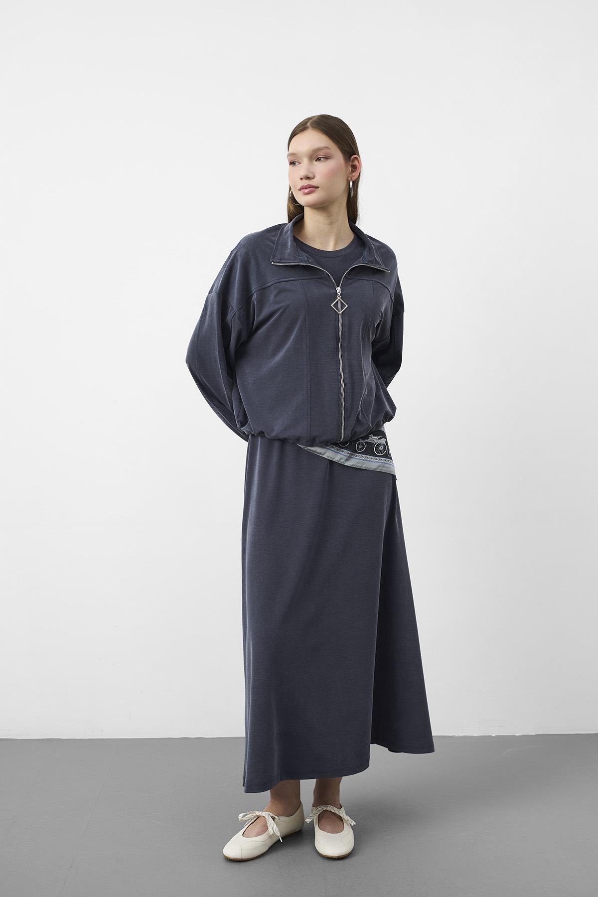 Füme Kadın Premium Tencel Doku Sweat Üstlü Midi Elbise Takım